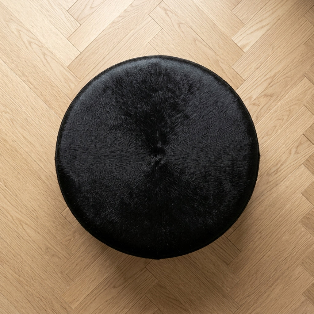 Puff de Couro Bovino Redondo Preto 80x40 cm