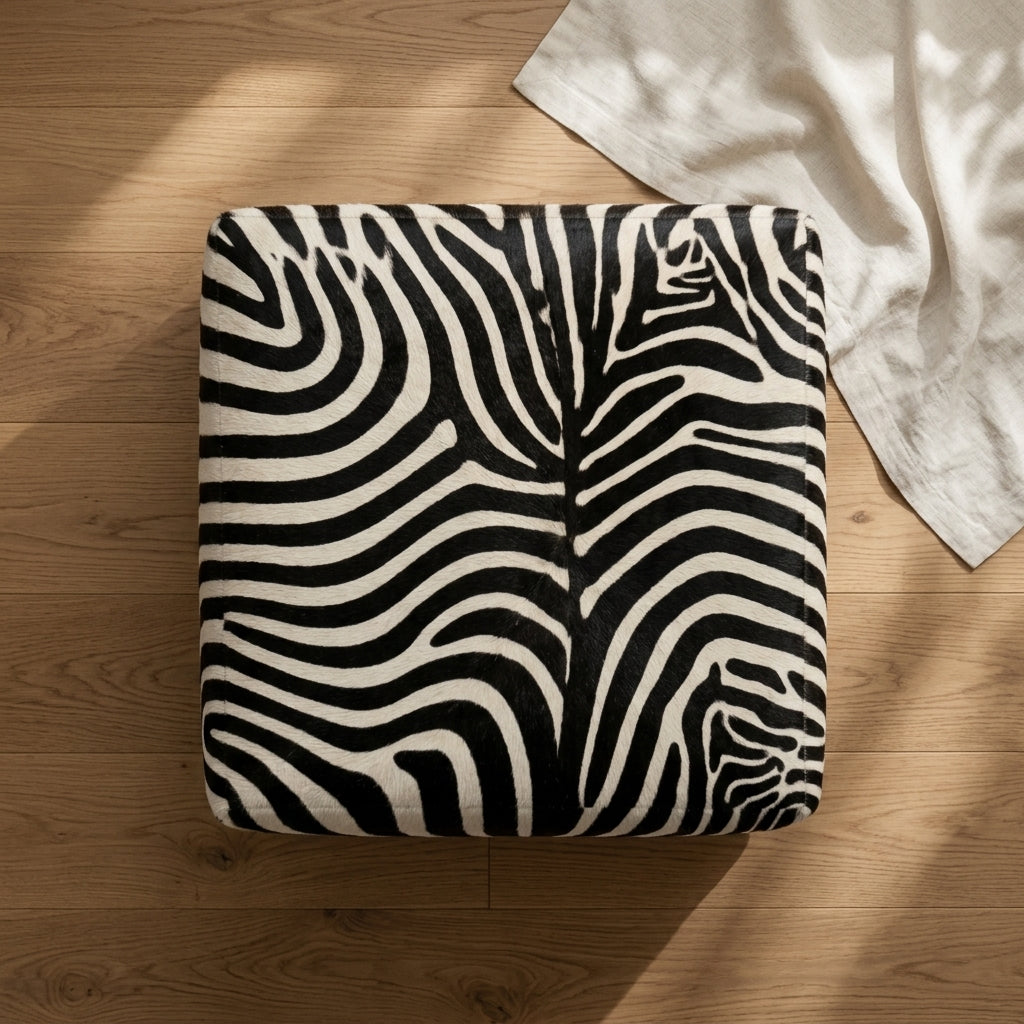 Puff Quadrado Savana Zebra 80x80cm em Couro Legítimo com Serigrafia Animal Print