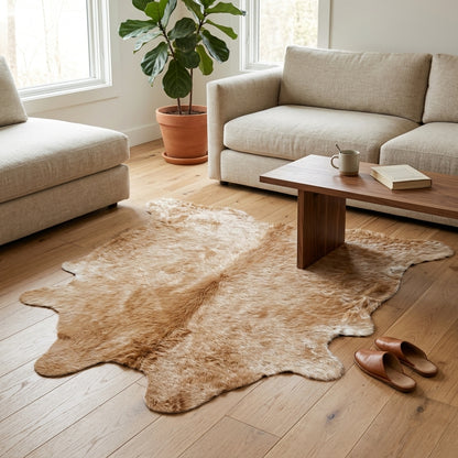 Tapete de pele de boi marrom gold pelo longo aconchegante BC991 — foto de ambiente 1:1