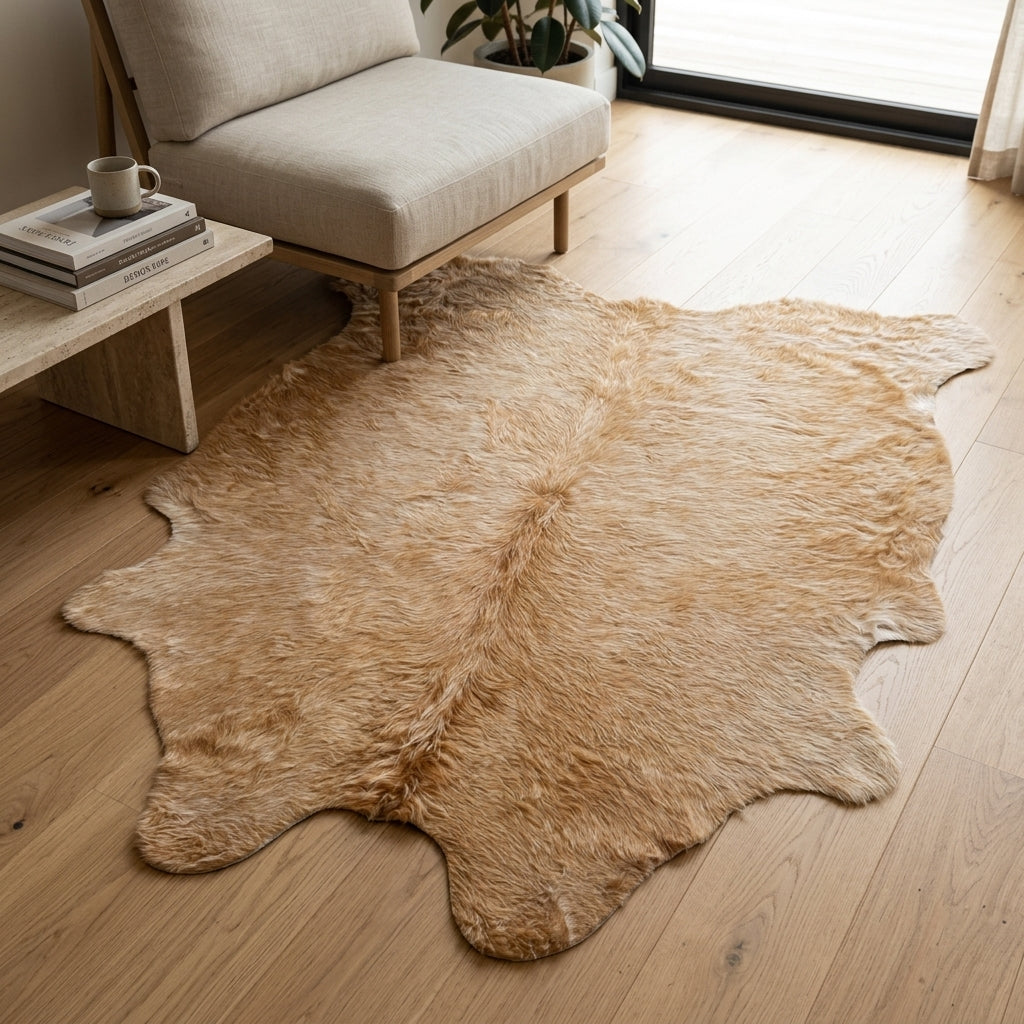Tapete de pele de boi marrom gold pelo longo aconchegante BC991 — foto de ambiente 1:1