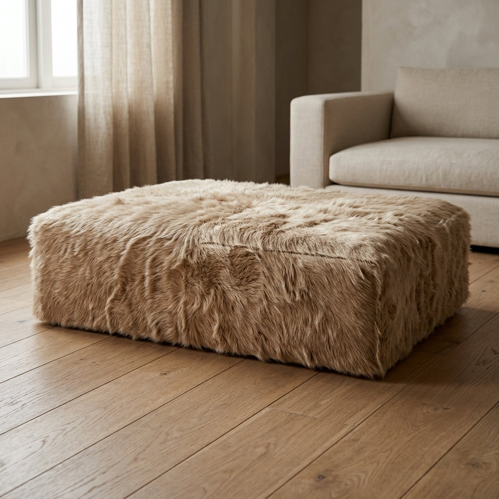 Puff de Couro Bovino 100% Natural Retangular Bege Claro Pelo Longo Tamanho Extra Grande 1.20m x 80cm x 40cm — foto de ambiente 1:1