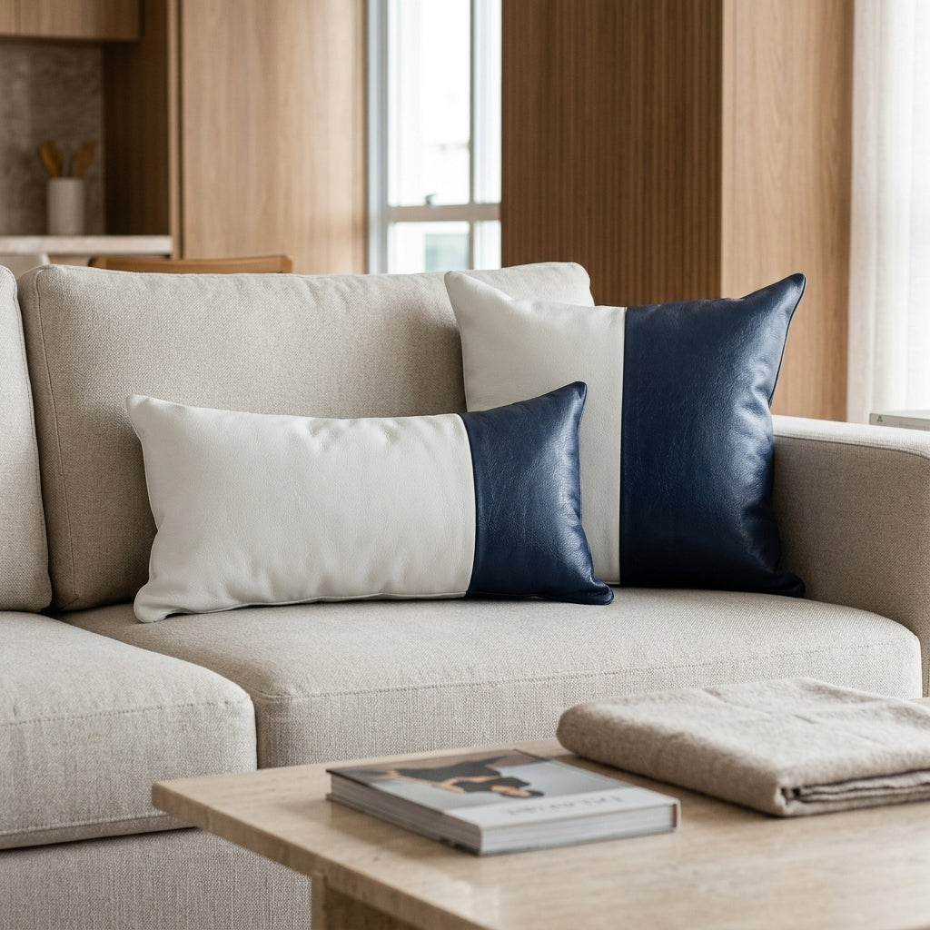 Conjunto com 02 Almofadas DUE em Couro Legítimo Azul Navy e Branco Couro La Paz Legítimo — foto de ambiente 1:1