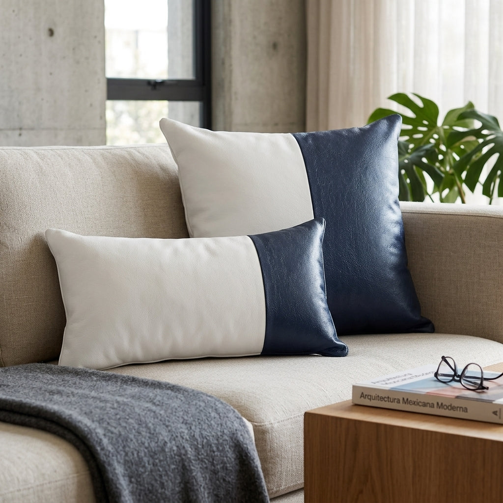 Conjunto com 02 Almofadas DUE em Couro Legítimo Azul Navy e Branco Couro La Paz Legítimo — foto de ambiente 1:1