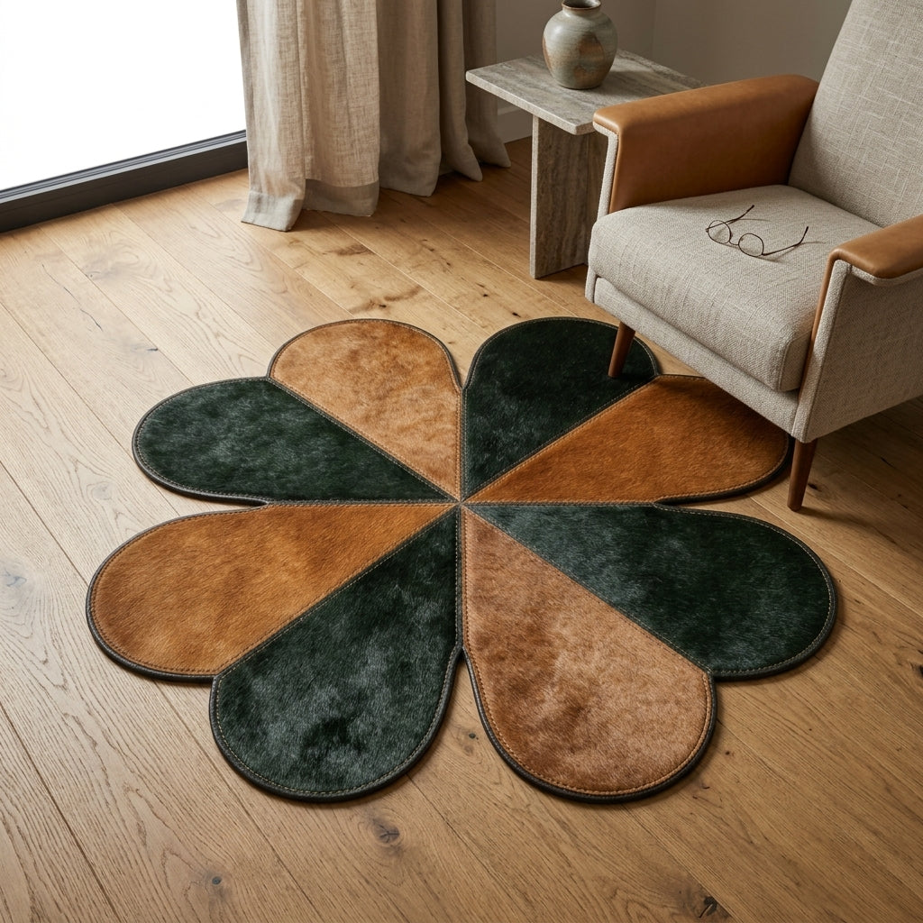 Tapete de Couro Legítimo Trevo de 4 Flores Marrom e Verde – Peça Artesanal — foto de ambiente 1:1