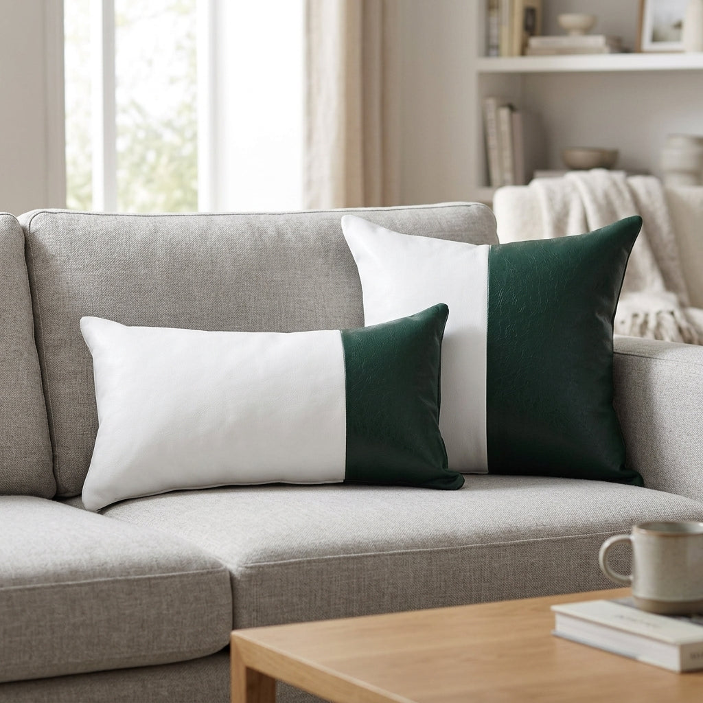 Conjunto com 02 Almofadas DUE em Couro Legítimo Verde Esmeralda e Branco Couro La Paz Legítimo — foto de ambiente 1:1