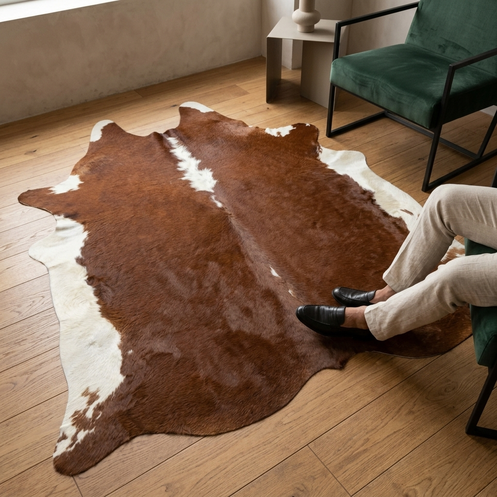 Tapete de pele de boi vermelho e branco brilhoso VB1123 — foto de ambiente 1:1