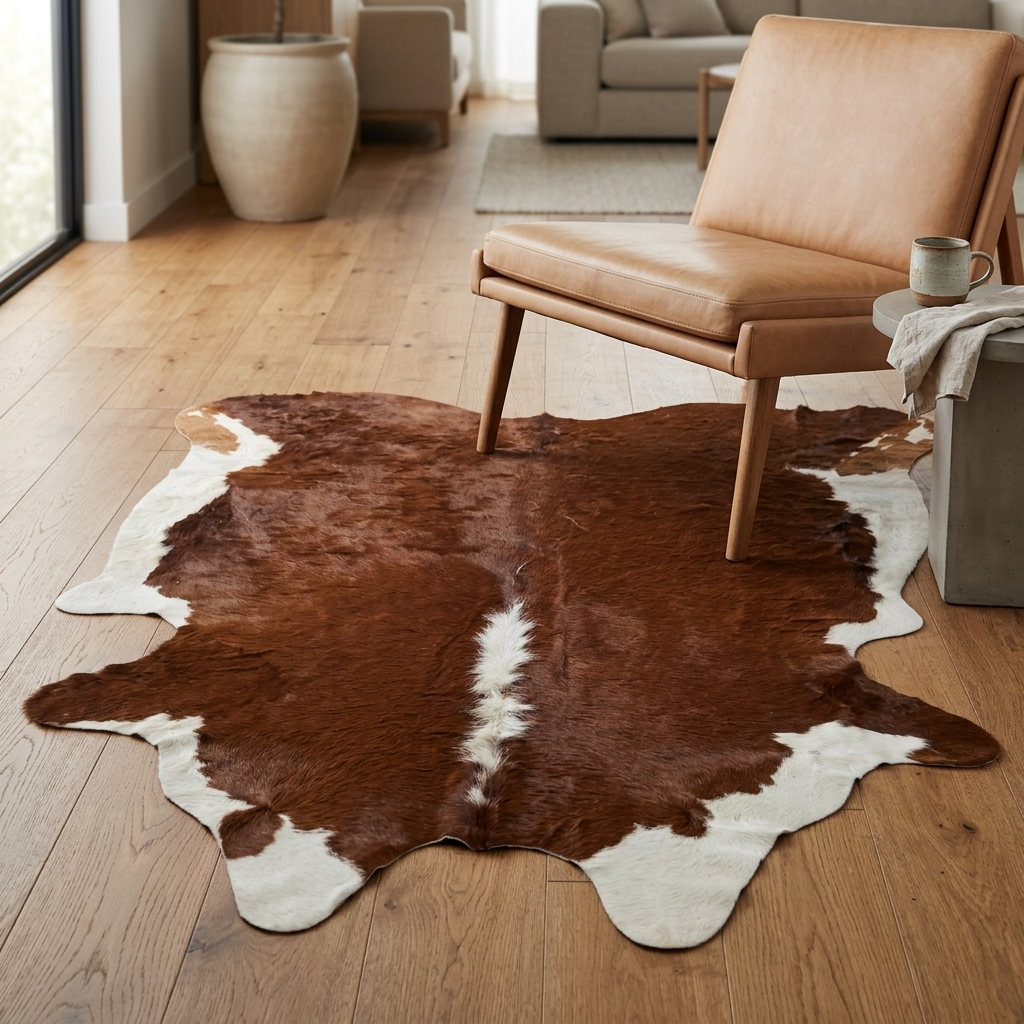 Tapete de pele de boi vermelho e branco VB1128 — foto de ambiente 1:1