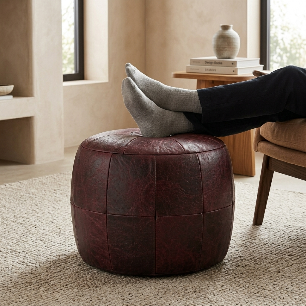 Puff Redondo Vinho Couro La Paz 40x40cm — foto de ambiente 1:1