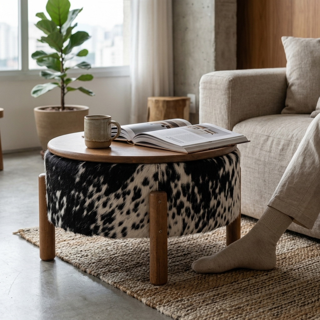 Mesa de Centro Redonda em Madeira e Couro Natural Preto e Branco Salpicado 55x32cm — foto de ambiente 1:1