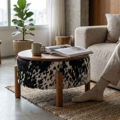 Mesa de Centro Redonda em Madeira e Couro Natural Preto e Branco Salpicado 55x32cm — foto de ambiente 1:1