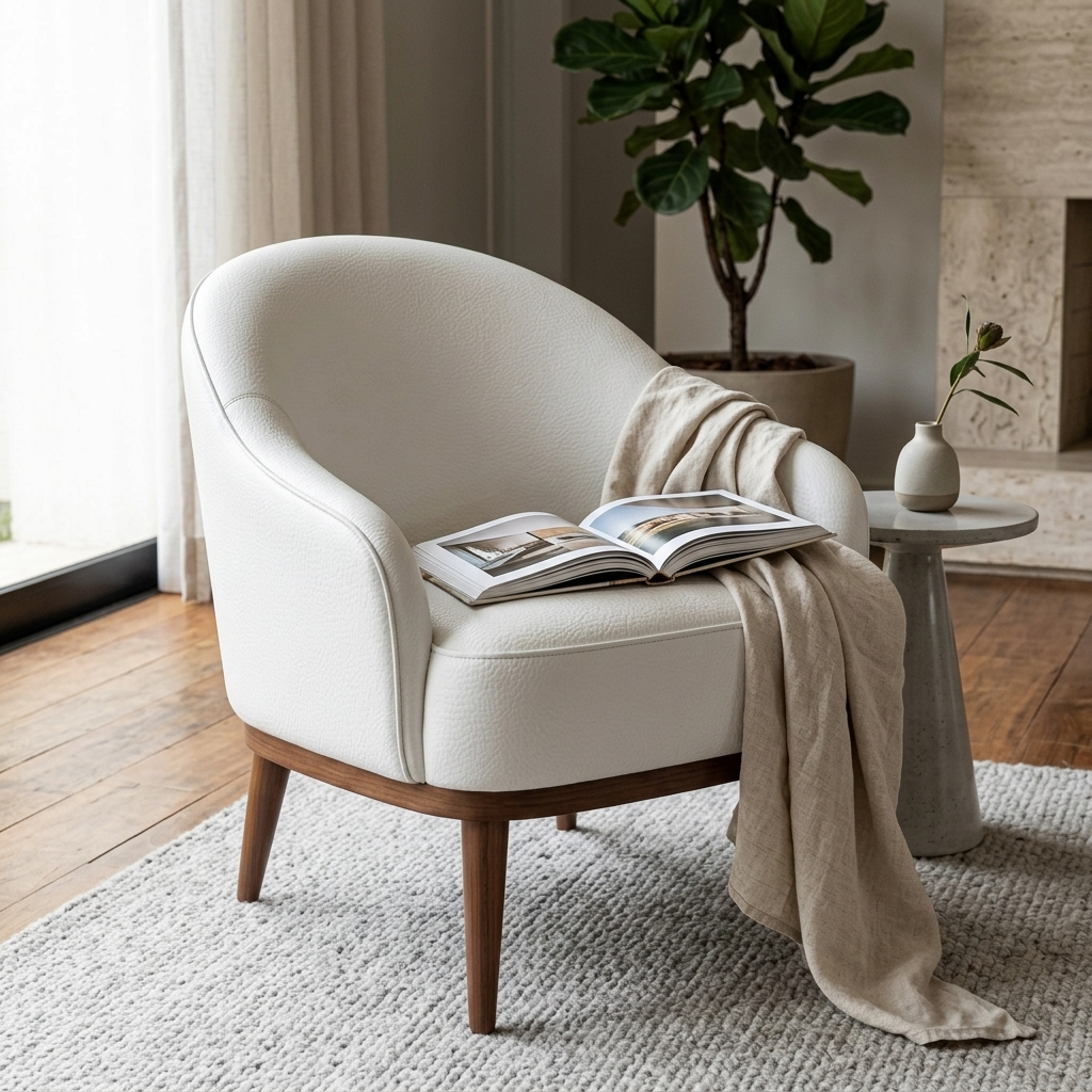 Poltrona Paris Branca em couro legítimo em ambiente decorado — pés de eucalipto maciço, acabamento noce
