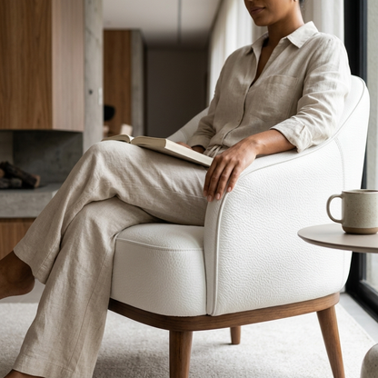 Poltrona Paris Branca em couro legítimo em ambiente decorado — espuma D23 no encosto, assento e base