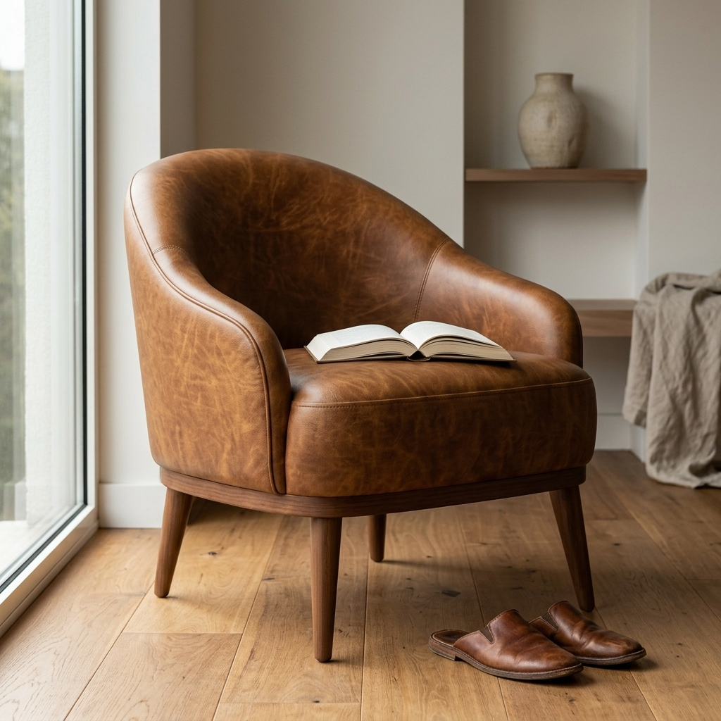 Poltrona Paris Caramelo em couro legítimo em ambiente decorado — encosto curvo que vira braço sem emenda