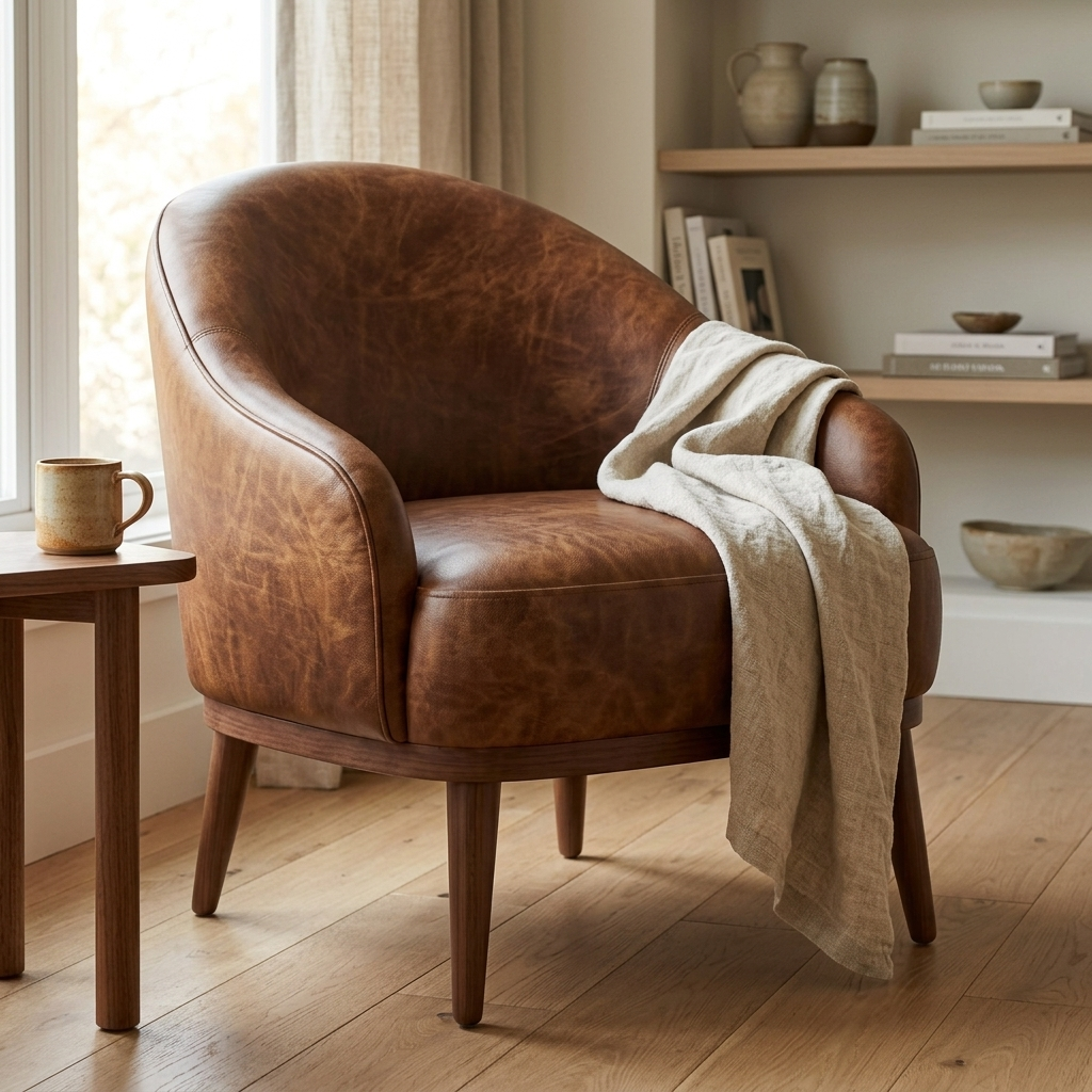 Poltrona Paris Caramelo em couro legítimo em ambiente decorado — espuma D23 no encosto, assento e base
