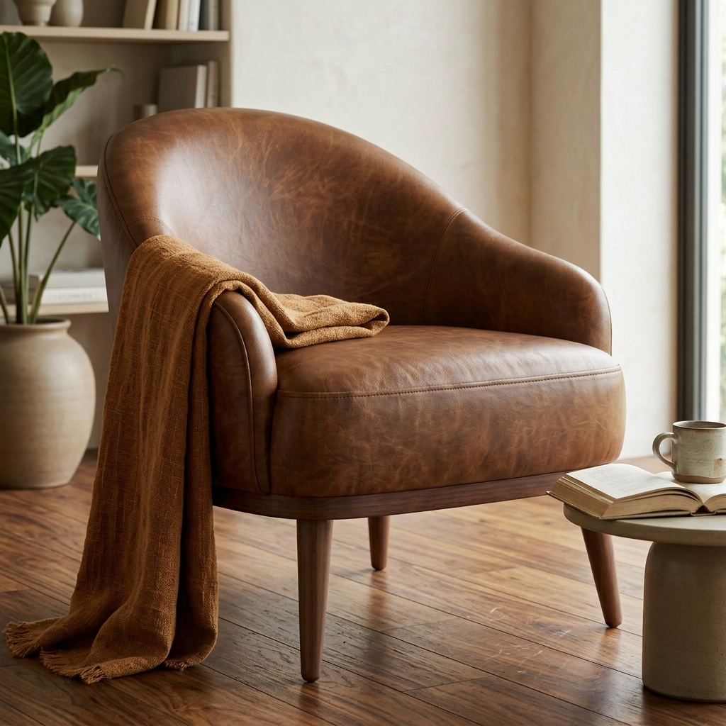 Poltrona Paris Caramelo em couro legítimo em ambiente decorado — pés de eucalipto maciço, acabamento noce