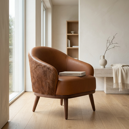 Poltrona Paris em pele natural e couro legítimo em ambiente decorado — pés de eucalipto maciço, acabamento noce