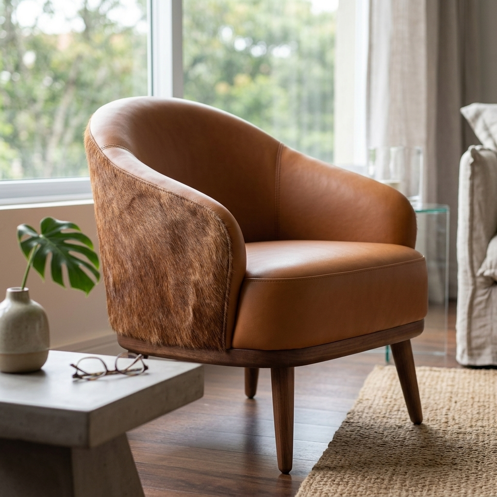 Poltrona Paris em pele natural e couro legítimo em ambiente decorado — espuma D23 no encosto, assento e base