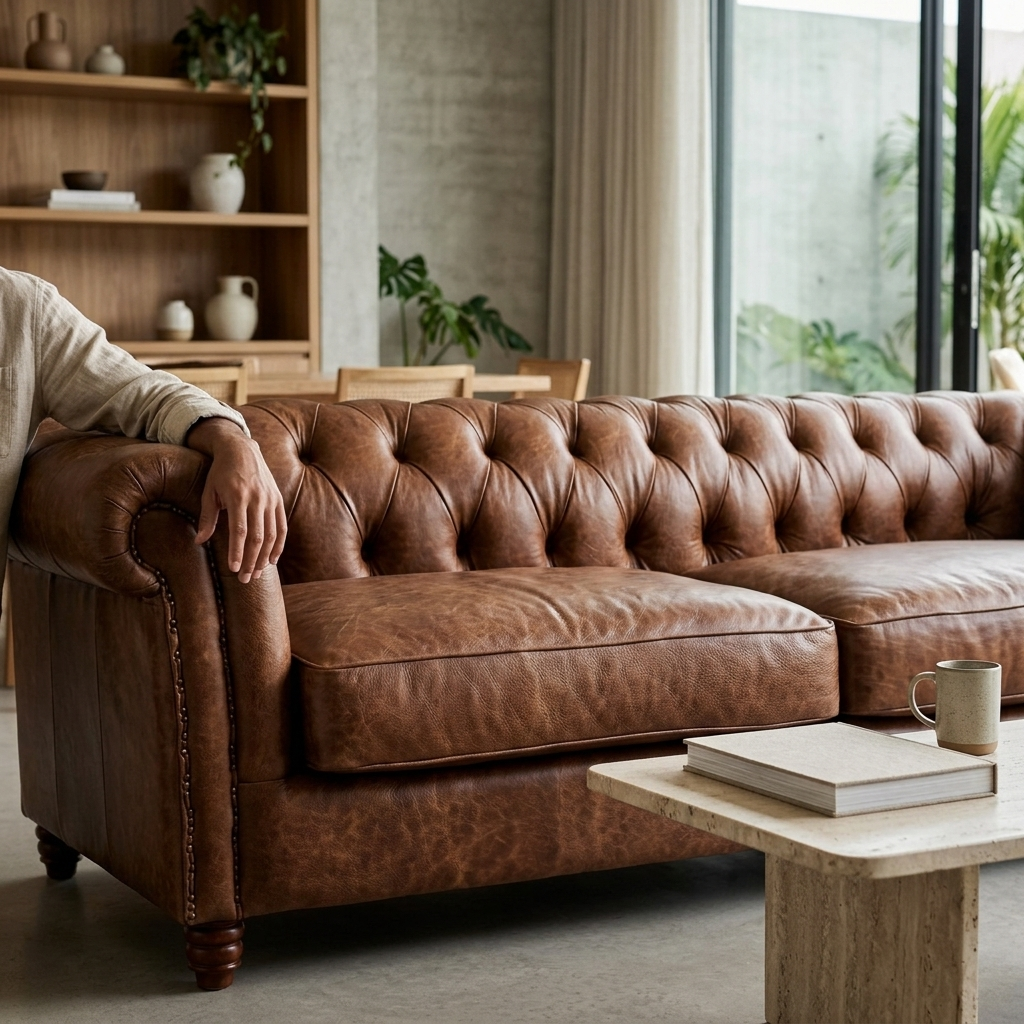 Sofá Chesterfield Tabaco em perspectiva, mostrando a profundidade de 83 cm do assento