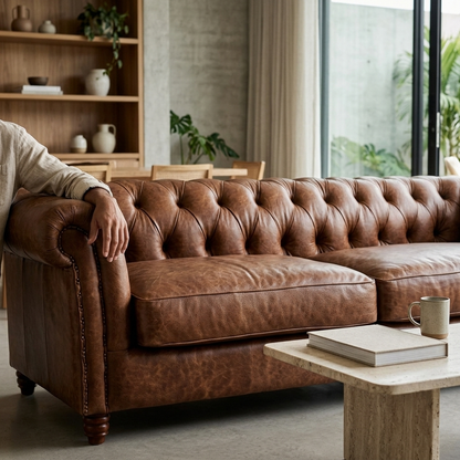Sofá Chesterfield Tabaco em perspectiva, mostrando a profundidade de 83 cm do assento