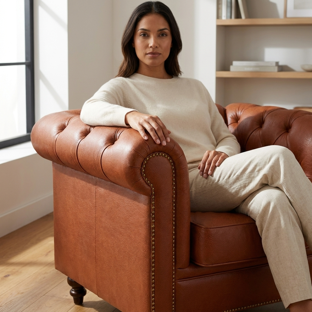 Mulher sentada na Poltrona Chesterfield Terracota junto à janela, em sala clara com estante