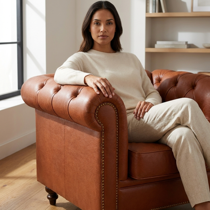 Mulher sentada na Poltrona Chesterfield Terracota junto à janela, em sala clara com estante