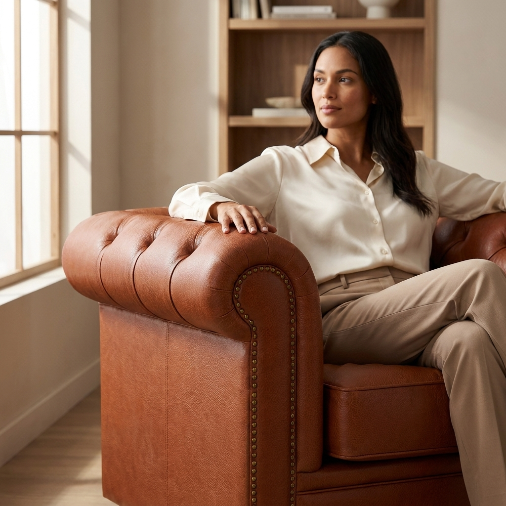 Mulher sentada na Poltrona Chesterfield Terracota em ambiente com estante de madeira e luz natural