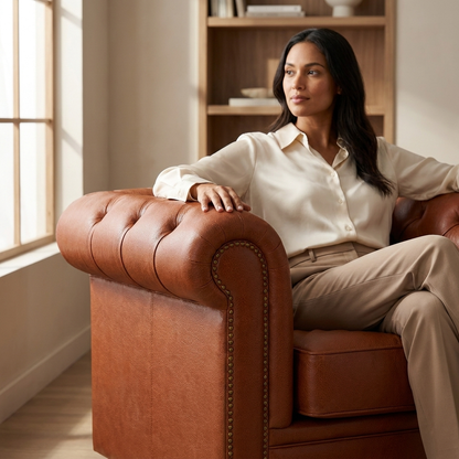 Mulher sentada na Poltrona Chesterfield Terracota em ambiente com estante de madeira e luz natural