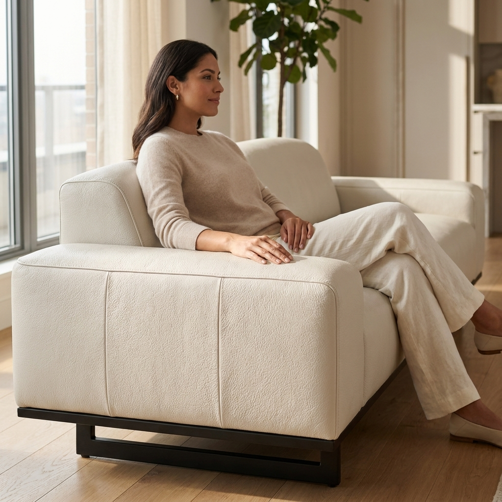 Sofá Moscou Marfim Off-White 2 Lugares em Couro Legítimo — 200 cm — em ambiente decorado