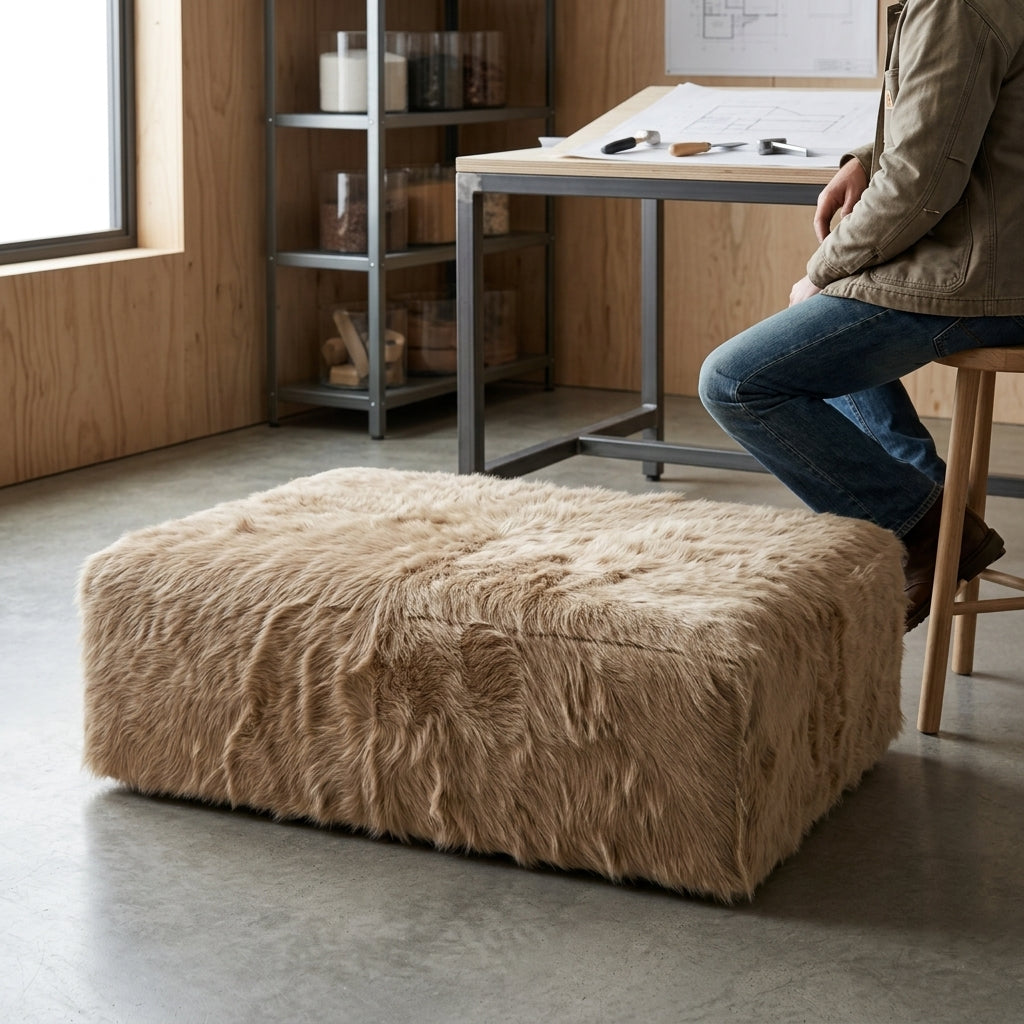 Puff de Couro Bovino 100% Natural Retangular Bege Claro Pelo Longo Tamanho Extra Grande 120cm x 80cm x 40cm — foto de ambiente 1:1