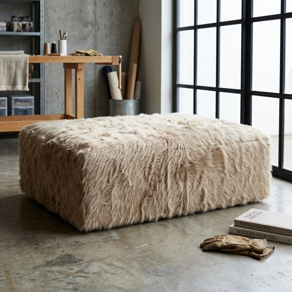 Puff de Couro Bovino 100% Natural Retangular Bege Claro Pelo Longo Tamanho Extra Grande 120cm x 80cm x 40cm — foto de ambiente 1:1