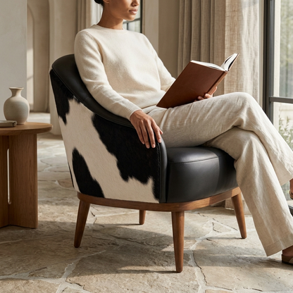 Poltrona Paris Preta e Branca em pele natural em ambiente decorado — pele natural bovina com pelo nas costas