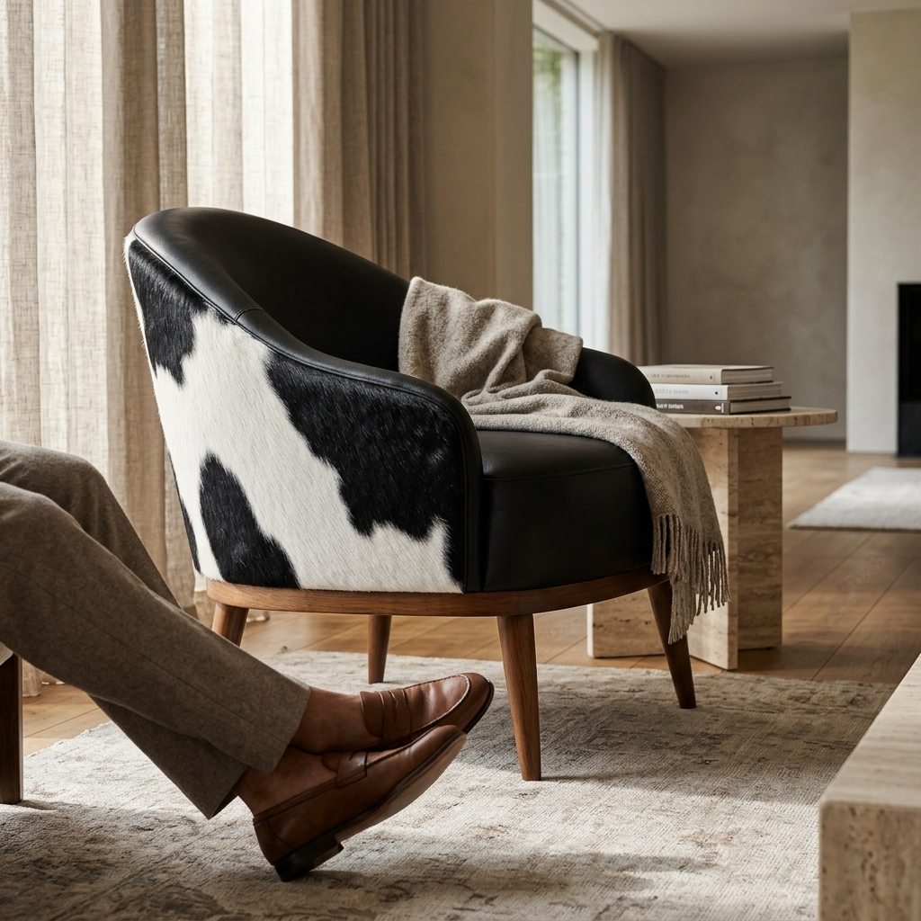 Poltrona Paris Preta e Branca em pele natural em ambiente decorado — couro liso estofado na frente e no assento