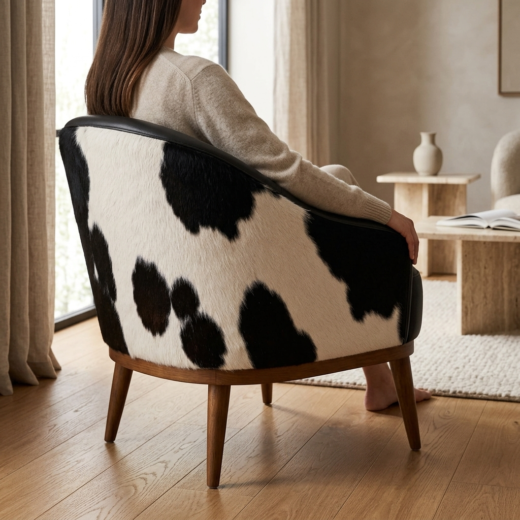 Poltrona Paris Preta e Branca em pele natural em ambiente decorado — desenho do pelo único em cada peça