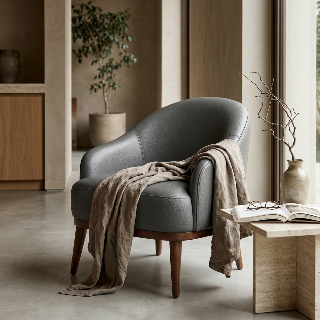 Poltrona Paris Chumbo em couro legítimo em ambiente decorado — 77 cm de largura e 76 de profundidade