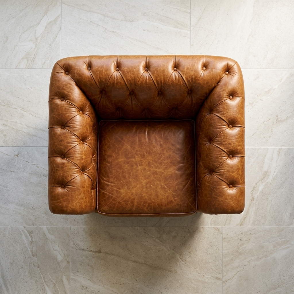 Poltrona Chesterfield Caramelo vista de cima sobre travertino — capitonê do encosto e dos braços rolô