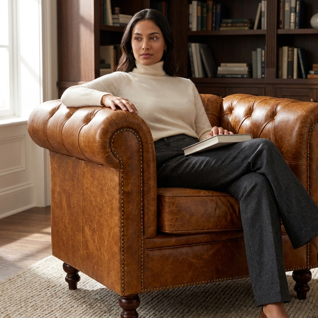 Mulher sentada na Poltrona Chesterfield Caramelo diante de estante de livros, com tapete de sisal