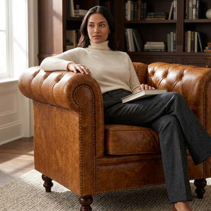 Mulher sentada na Poltrona Chesterfield Caramelo diante de estante de livros, com tapete de sisal