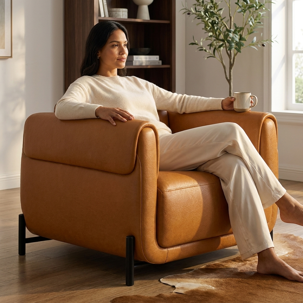 Poltrona Plush Mel em Couro Premium em Couro Premium com Base em Aço Carbono — em ambiente decorado