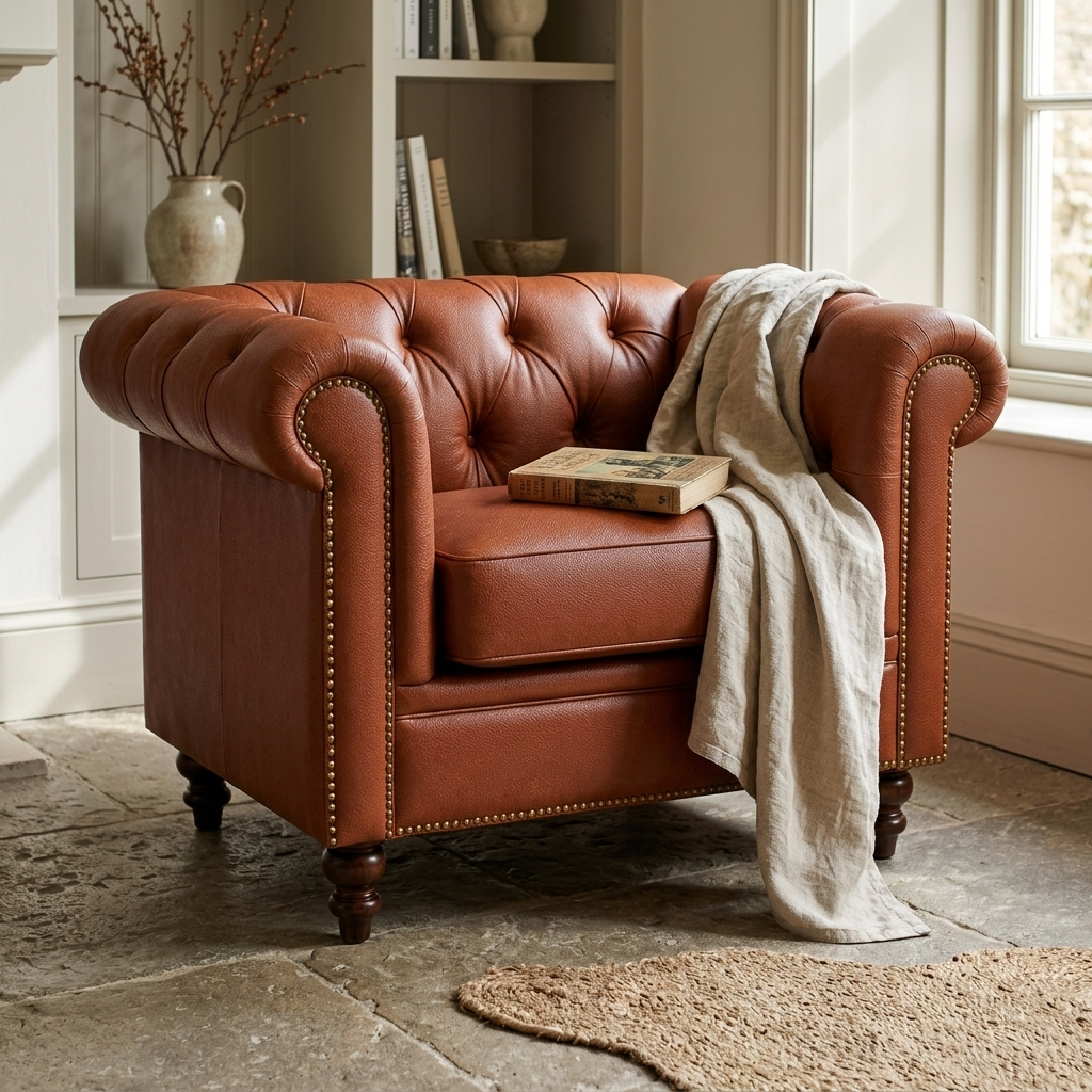 Poltrona Chesterfield Terracota com manta e livro no assento, sobre piso de pedra e tapete de juta