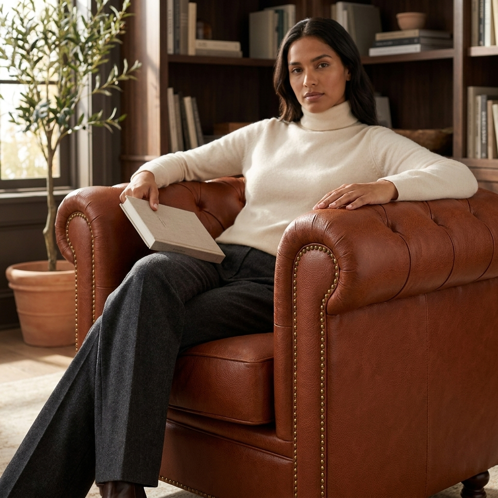 Mulher lendo na Poltrona Chesterfield Terracota diante de estante de livros e vaso com oliveira