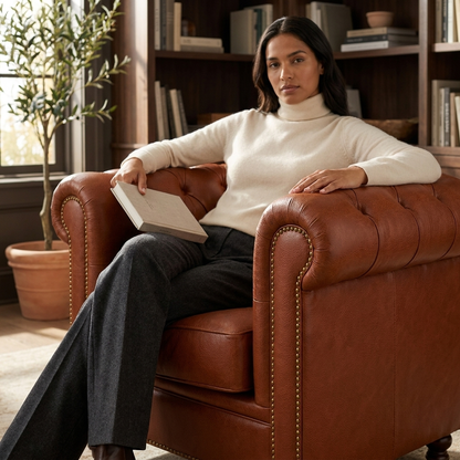 Mulher lendo na Poltrona Chesterfield Terracota diante de estante de livros e vaso com oliveira
