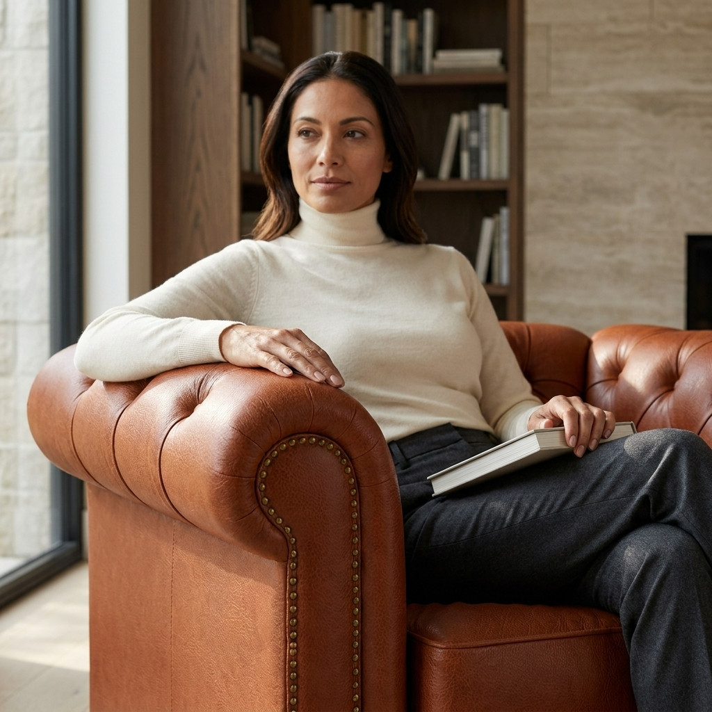 Mulher com notebook na Poltrona Chesterfield Terracota, em sala clara com janela ampla