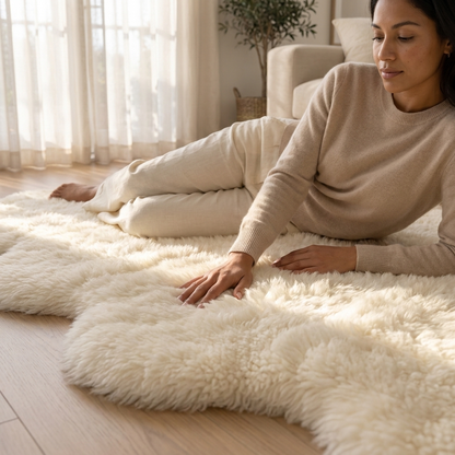 Tapete de Couro Orgânico Costurado Retangular Creme – Pelo Alto — foto de ambiente 1:1