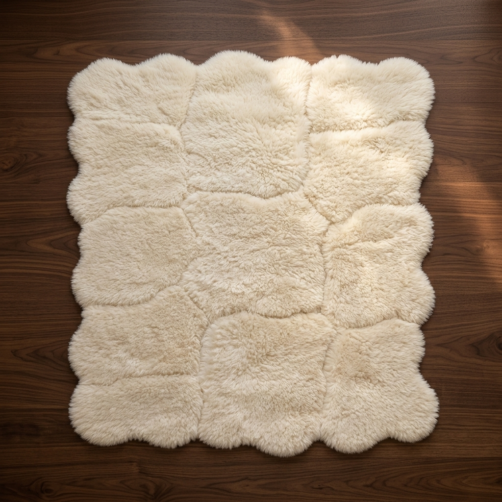 Tapete de Couro Orgânico Costurado Retangular Creme – Pelo Alto — foto de ambiente 1:1