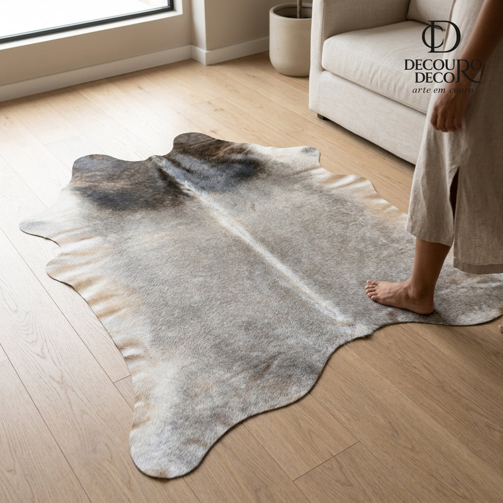 Tapete de pele de boi natural cinza e preto pelo curto macio GR1056 — foto de ambiente 1:1