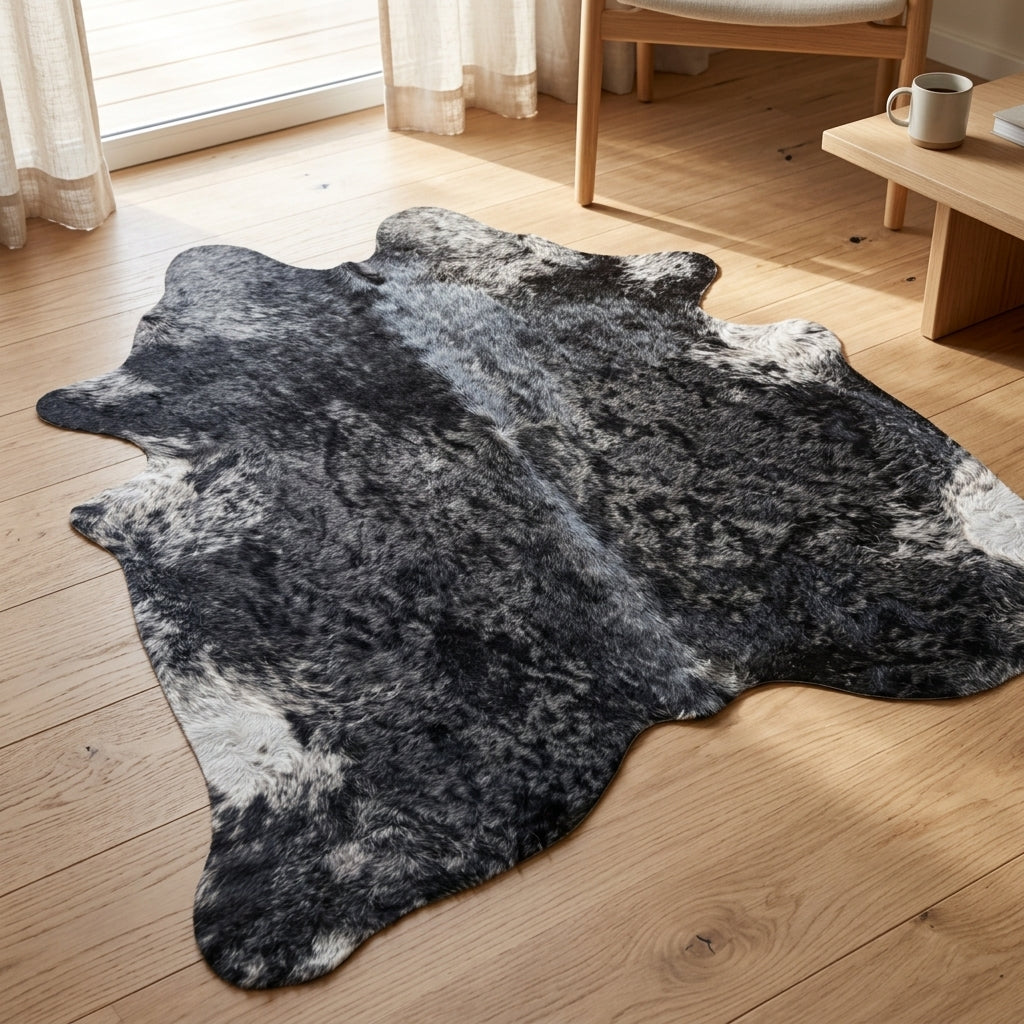 Tapete de pele de boi natural preto e branco pelo alto PB1045 — foto de ambiente 1:1
