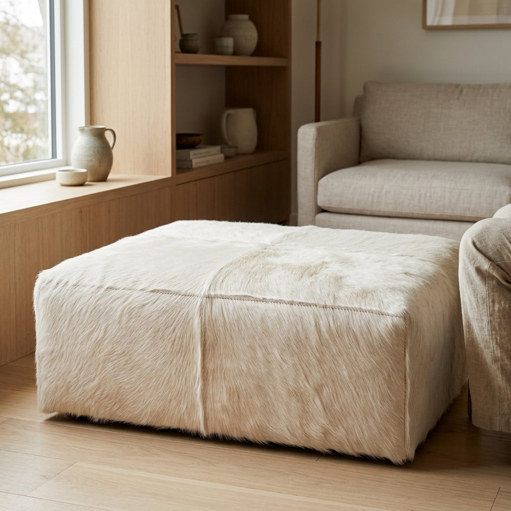 Puff de Couro Bovino 100% Natural Retangular Branco Tamanho Extra Grande 120cm x 80cm x 40cm (Cópia) — foto de ambiente 1:1