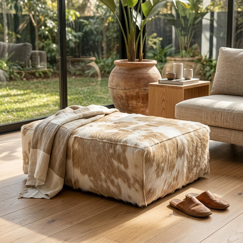 Puff de Couro Bovino 100% Natural Retangular Bege e Branco Malhado Tamanho Extra Grande 120cm x 80cm x 40cm — foto de ambiente 1:1