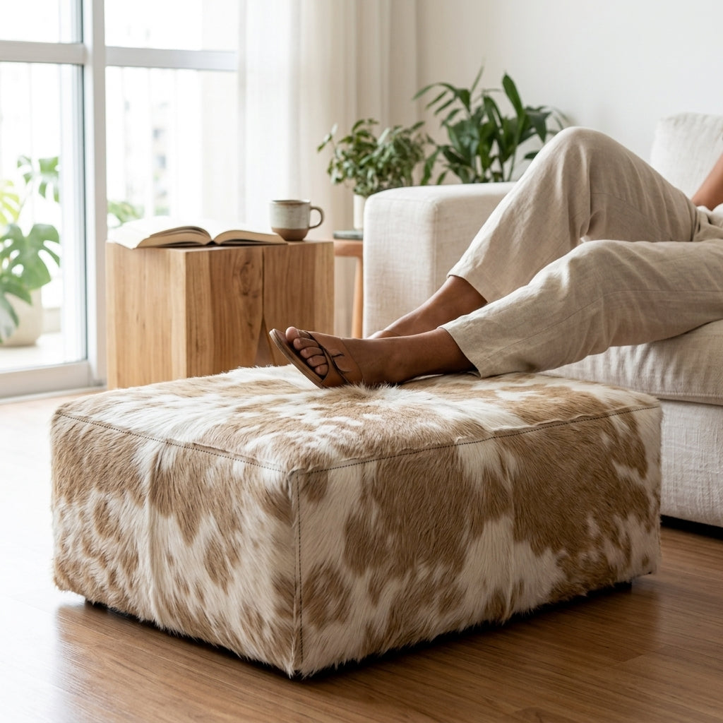 Puff de Couro Bovino 100% Natural Retangular Bege e Branco Malhado Tamanho Extra Grande 120cm x 80cm x 40cm — foto de ambiente 1:1