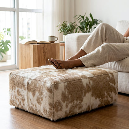 Puff de Couro Bovino 100% Natural Retangular Bege e Branco Malhado Tamanho Extra Grande 120cm x 80cm x 40cm — foto de ambiente 1:1